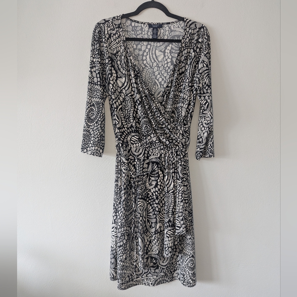 L‎ Chaps Black/White Printed Stretchy Faux Wrap Dress